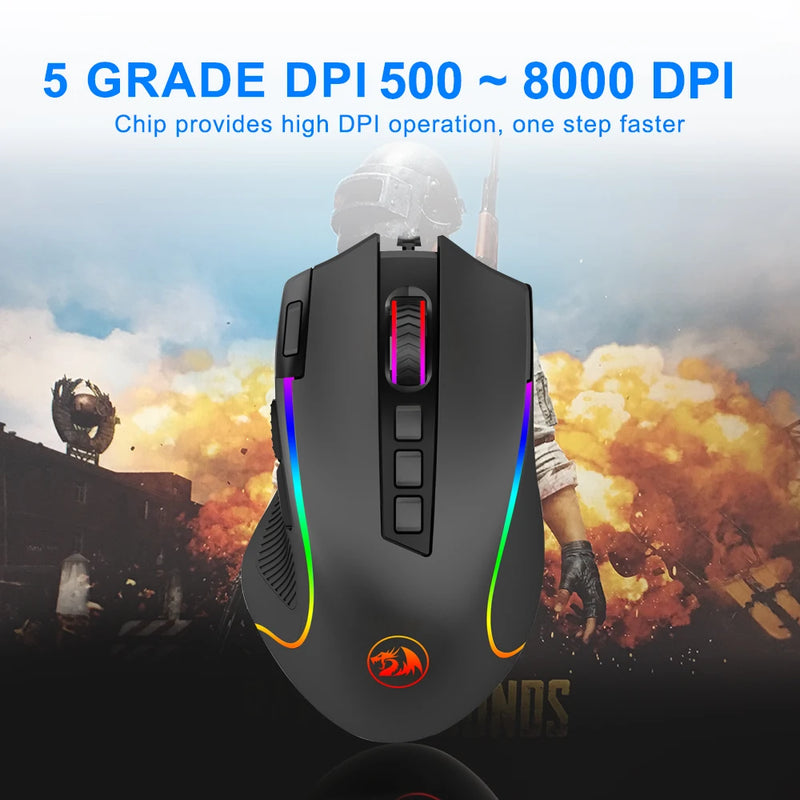 REDRAGON Predator M612 Mouse para jogos RGB com fio USB 8000 DPI programável com luz de fundo ergonômica para computador PC laptop