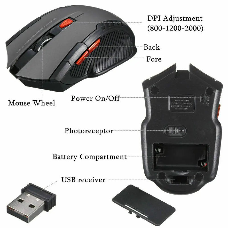 Mini mouse óptico sem fio para jogos de 2,4 GHz e receptor USB de 1200 dpi para PC laptop