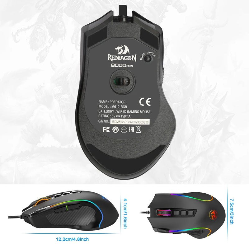 REDRAGON Predator M612 Mouse para jogos RGB com fio USB 8000 DPI programável com luz de fundo ergonômica para computador PC laptop