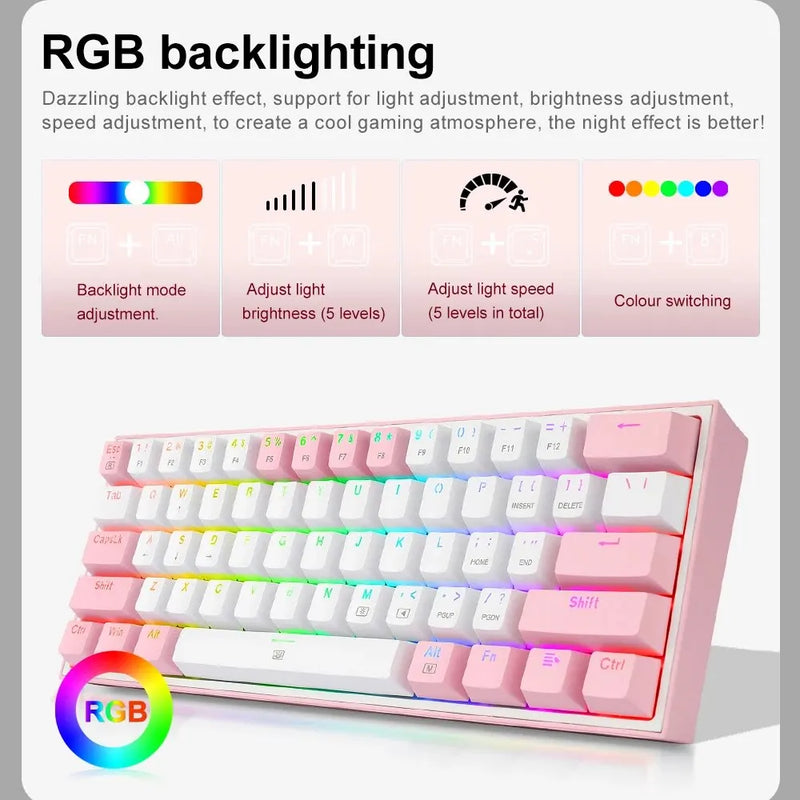 REDRAGON Fizz K617 RGB USB Mini Teclado Mecânicos com fio Interruptor vermelho 61 teclas Gamer para computador/ PC/ laptop com cabo removível