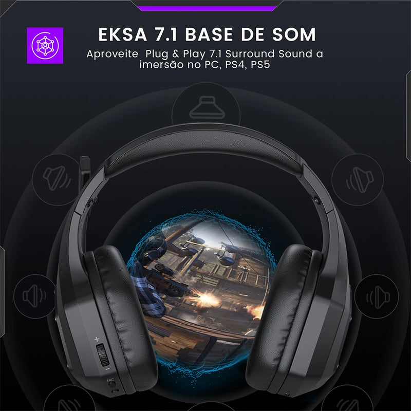 EKSA 2.4GHz Headphone sem fio E1000 WT 7.1 Surround Gaming Headset Gamer com microfone ENC de baixa latência para PC/PS4/PS5/Xbox