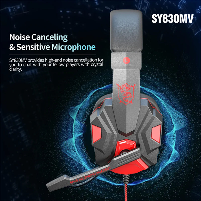 SY830MV Wired Headset cancelamento de ruído, estéreo, fones de ouvido com LED Lighting para celular, laptop e jogos