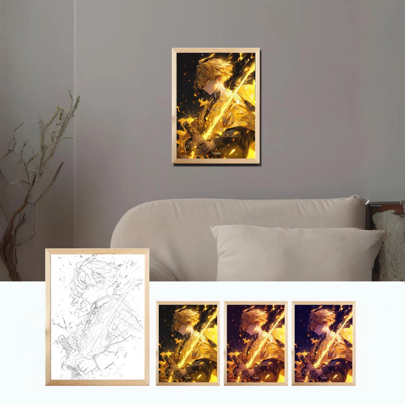 Quadro/ Poster - Com luz LED anime Demon Slayer, moldura de madeira recarregável para fotos com tomada USB, para enfeites de decoração de sala de jogos