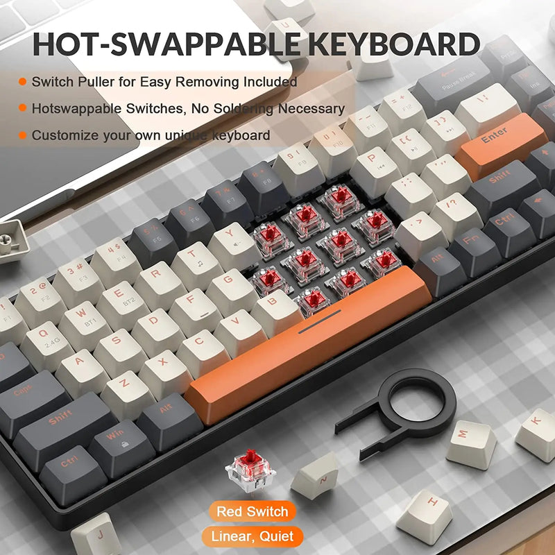 60% teclado mecânico sem fio bluetooth modo duplo hot-swappable mini interruptor vermelho de 68 teclas para Computadores/ PC