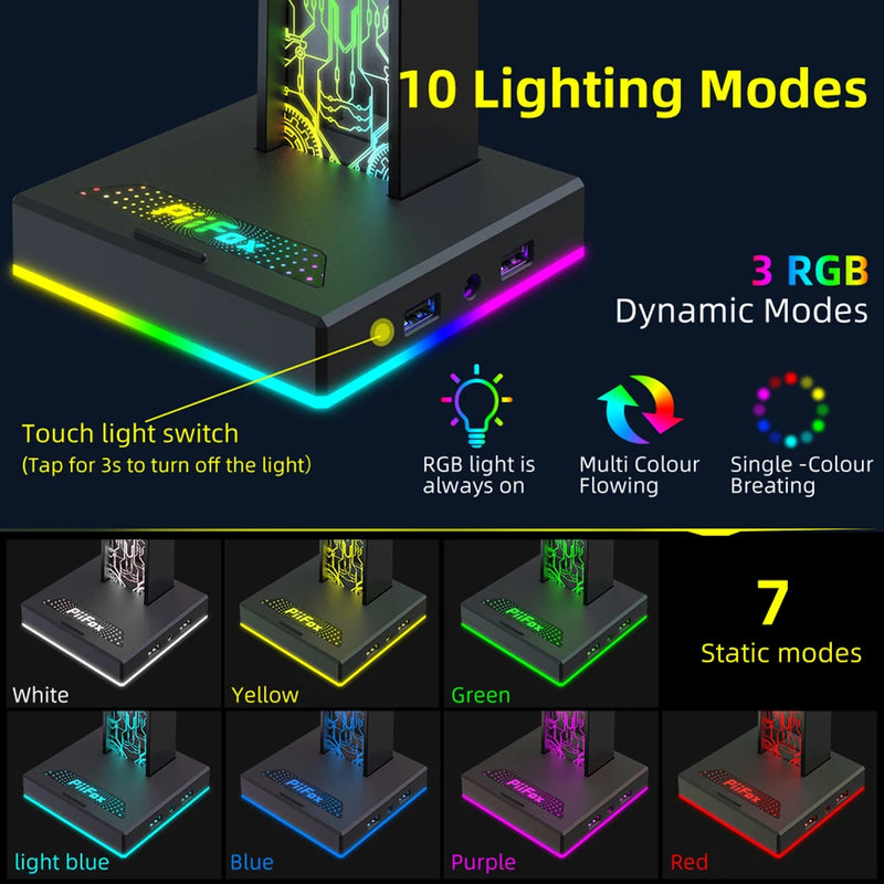 Suporte para fone de ouvido para jogos RGB, 10 efeitos de iluminação, rack, porta USB, porta de áudio de 3,5 mm, suporte para fone de ouvido de mesa