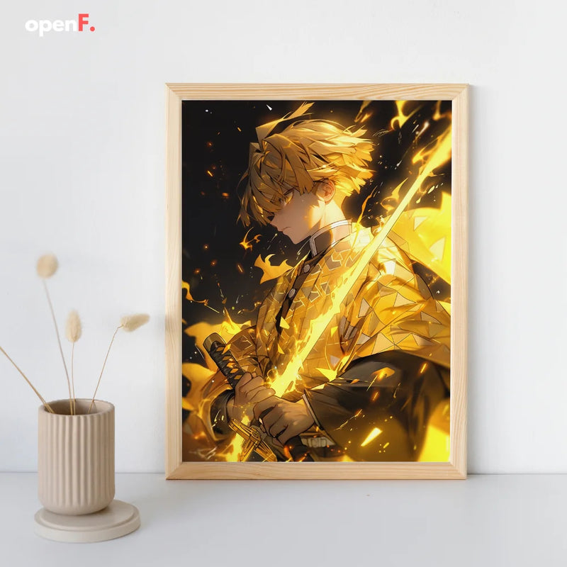 Quadro/ Poster - Com luz LED anime Demon Slayer, moldura de madeira recarregável para fotos com tomada USB, para enfeites de decoração de sala de jogos