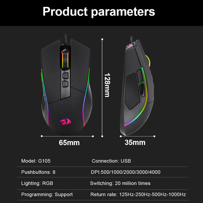 Mouse para jogos REDRAGON Lonewolf G105 RGB USB com fio 8000 DPI 8 botões mouse programável ergonômico para computador laptop PC Gamer