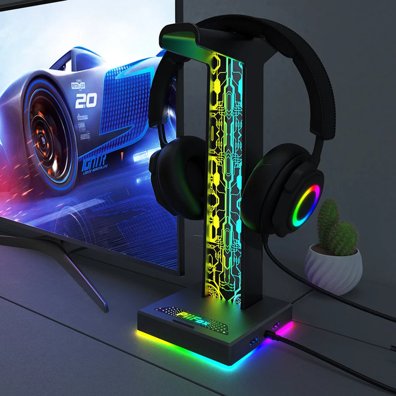 Suporte para fone de ouvido para jogos RGB, 10 efeitos de iluminação, rack, porta USB, porta de áudio de 3,5 mm, suporte para fone de ouvido de mesa