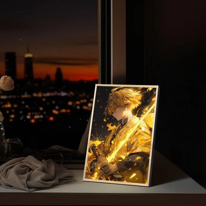 Quadro/ Poster - Com luz LED anime Demon Slayer, moldura de madeira recarregável para fotos com tomada USB, para enfeites de decoração de sala de jogos