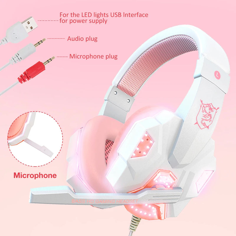 Headset - QearFun Headset Gamer Femenino PC Celular Fone de ouvido de alta fidelidade estéreo rosa com microfone para meninas com fio gamer para ps4 windows xp/7/8/10 telefone portátil/ Computadores