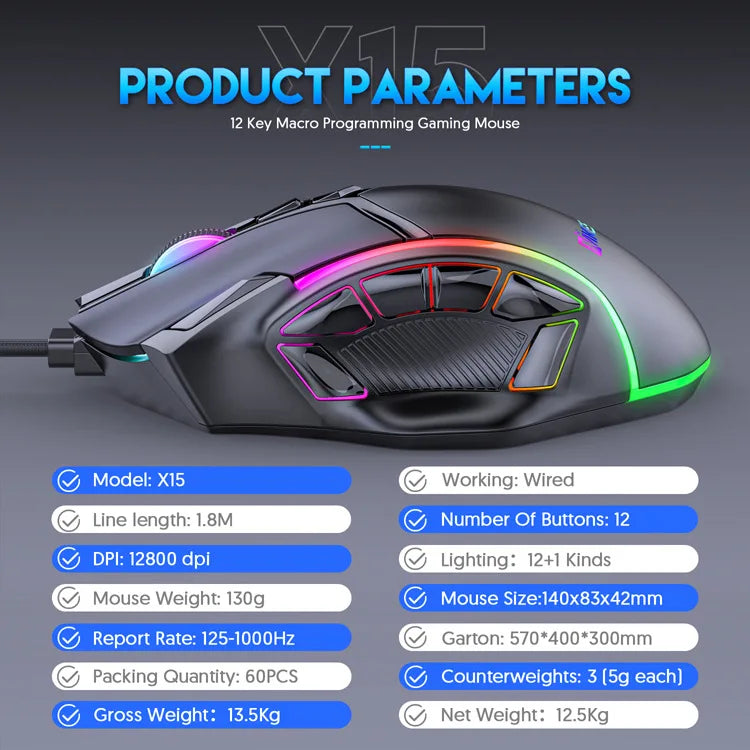 Mouse - Macro RGB Gaming Mouse Mouse gamer macro rgb com peso livre, 12800dpi, 12 teclas programáveis, mouse rgb light max a 6 níveis para pc mac gun pubg laptop