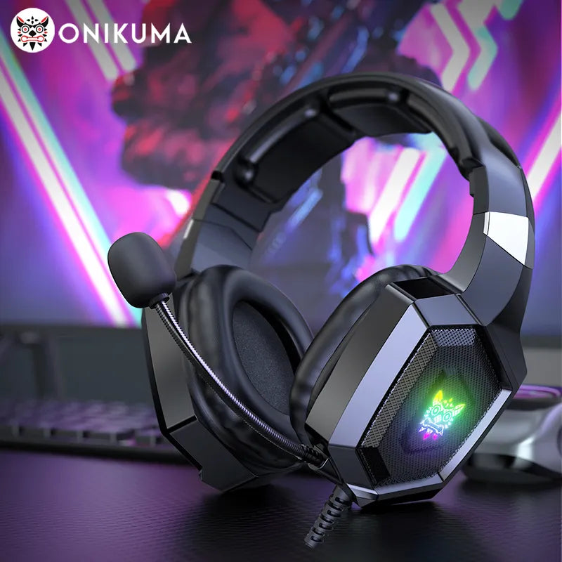 ONIKUMA K8 Fones de ouvido para jogos com microfone HD flexível RGB Light Surround Sound Over-Ear Wired Headset Gamer para PC Gaming Xbox