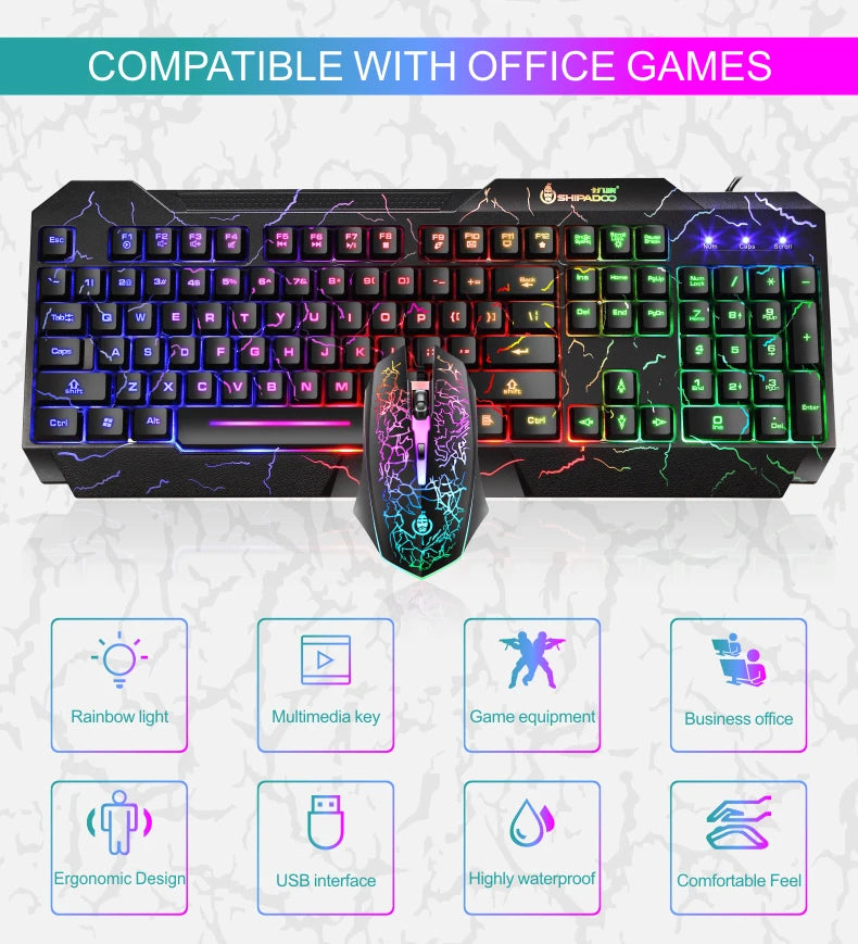 Kit Teclado e Mouse - Conjunto de teclado e mouse para jogos Burst Office Conjunto de teclado e mouse periférico para jogos com sensação mecânica luminosa