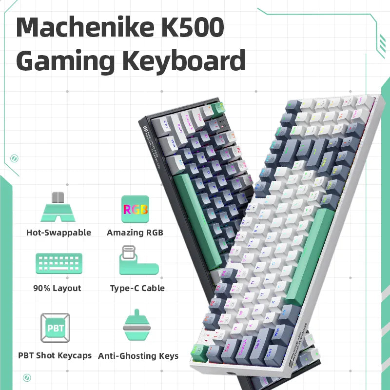 Teclado Mecânico - Machenike K500 Mechanical Keyboard Gaming Teclado Mecânico Teclado para jogos Teclado com fio Hot Swappable 94 teclas RGB Light Mac Windows