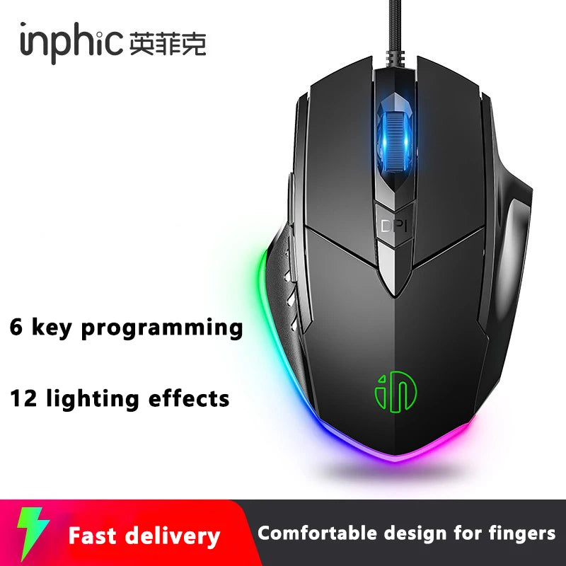 Mouse - Inphic W1 Mouse com fio Esports Gaming Mouse Definição de programação macro de seis botões para ajustar DPI Silent Office Mouse