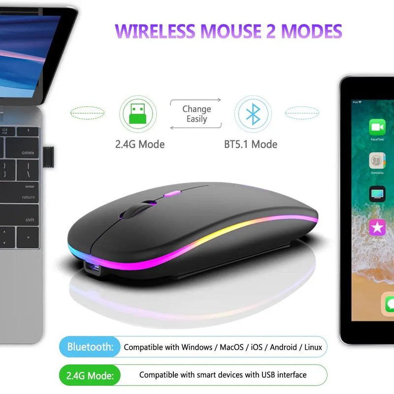 Wireless Mouse Bluetooth Mouse Gamer sem fio Bluetooth e modos duplos de 2,4 GHz recarregável RGB ergonômico silencioso clique para PC/ Computador/ Laptop