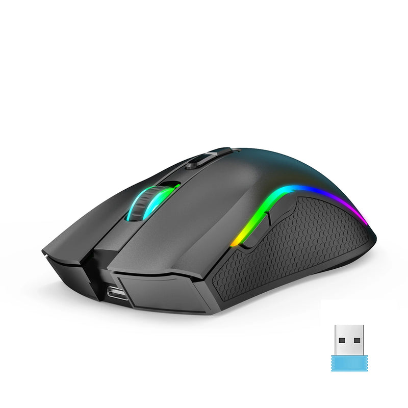 HXSJ T69 2.4G Wireless Mecânico Mouse RGB Gaming Mouse Ergonômico 7 Programáveis Botões Mouse 4800DPI para Computadores/ PC/ jogos