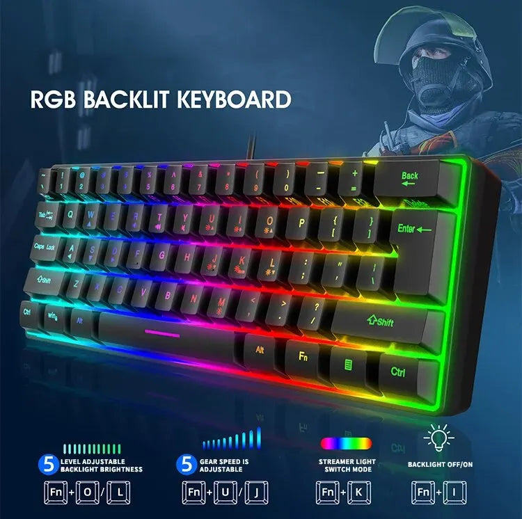 61 teclas combinadas com luz RGB, alto nível de aparência, sensação mecânica, linha TPC, teclado gamer com fio Keyboard Gamer