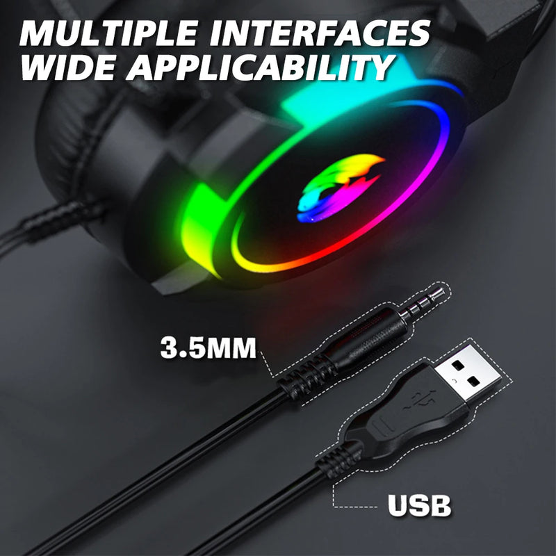 Usb 3.5mm com fio Headphone 7.1 estéreo gaming headset pc baixo capacete com microfone luz led para computador gamer.