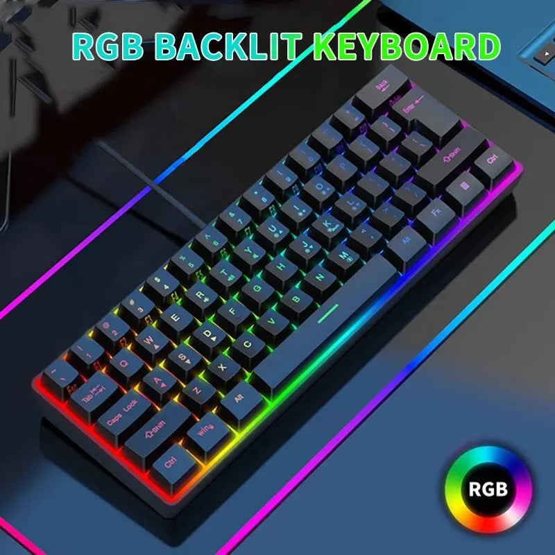 61 teclas combinadas com luz RGB, alto nível de aparência, sensação mecânica, linha TPC, teclado gamer com fio Keyboard Gamer