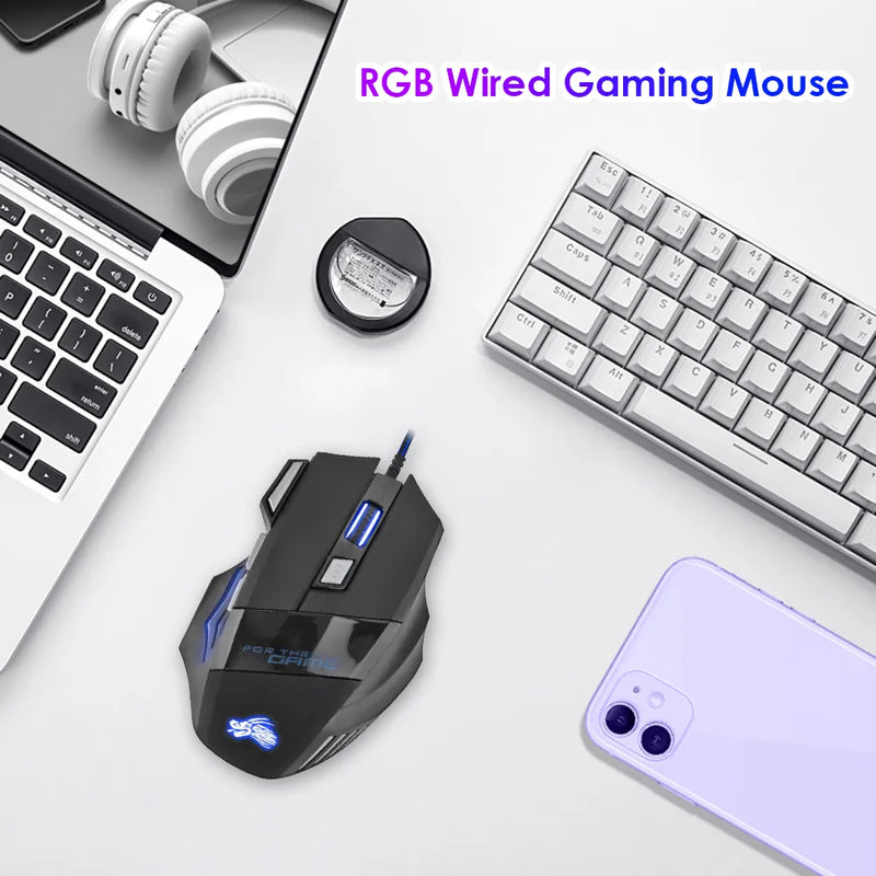 Mouse - USB Wired Gaming Mouse Mouse gamer com fio usb, mouse óptico ajustável com retroiluminação de 7 botões, 5500 dpi, para pc gamer, computador desktop