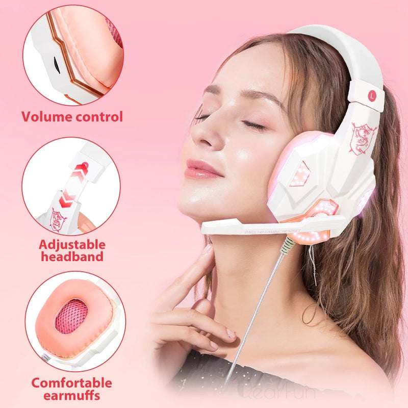 Headset - QearFun Headset Gamer Femenino PC Celular Fone de ouvido de alta fidelidade estéreo rosa com microfone para meninas com fio gamer para ps4 windows xp/7/8/10 telefone portátil/ Computadores