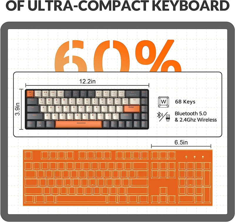 60% teclado mecânico sem fio bluetooth modo duplo hot-swappable mini interruptor vermelho de 68 teclas para Computadores/ PC