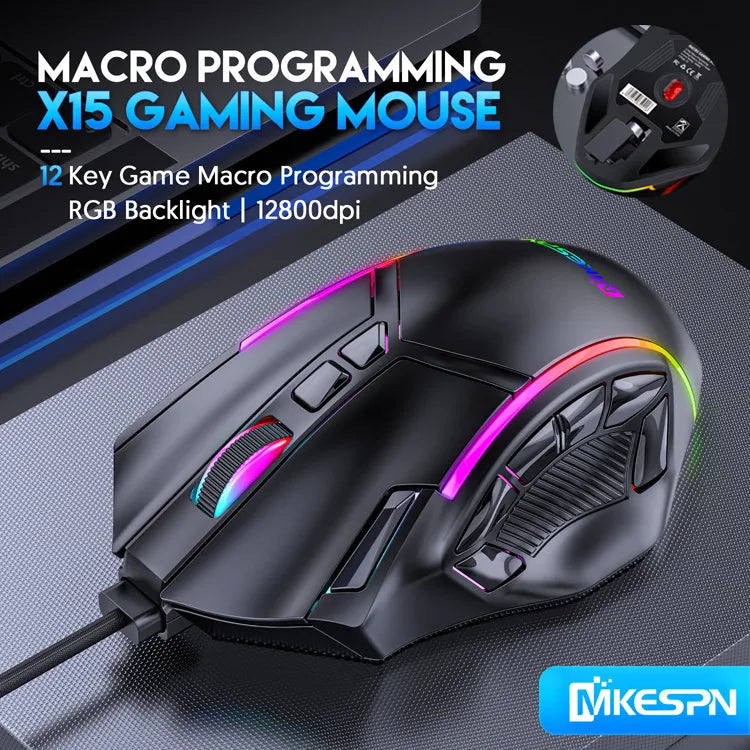 Mouse - Macro RGB Gaming Mouse Mouse gamer macro rgb com peso livre, 12800dpi, 12 teclas programáveis, mouse rgb light max a 6 níveis para pc mac gun pubg laptop