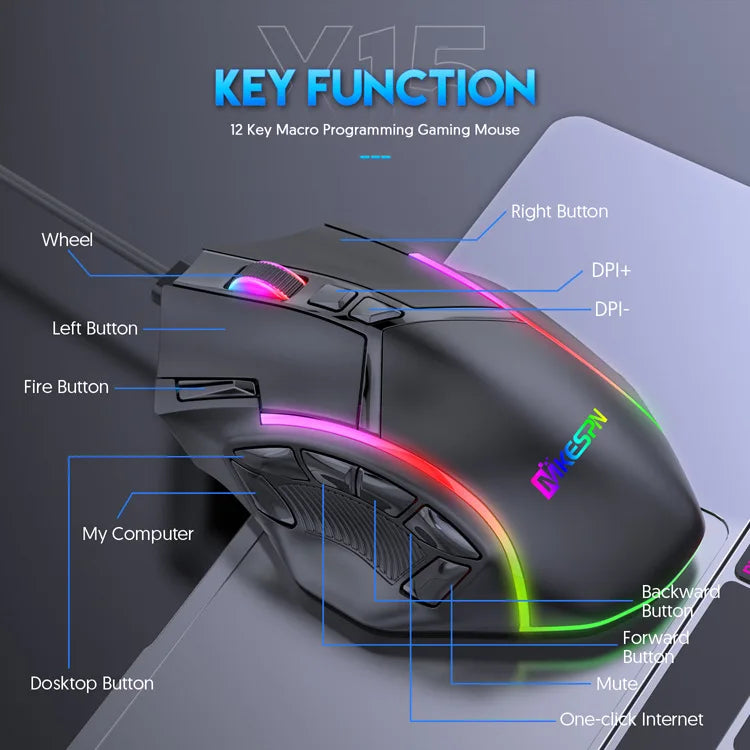 Mouse - Macro RGB Gaming Mouse Mouse gamer macro rgb com peso livre, 12800dpi, 12 teclas programáveis, mouse rgb light max a 6 níveis para pc mac gun pubg laptop