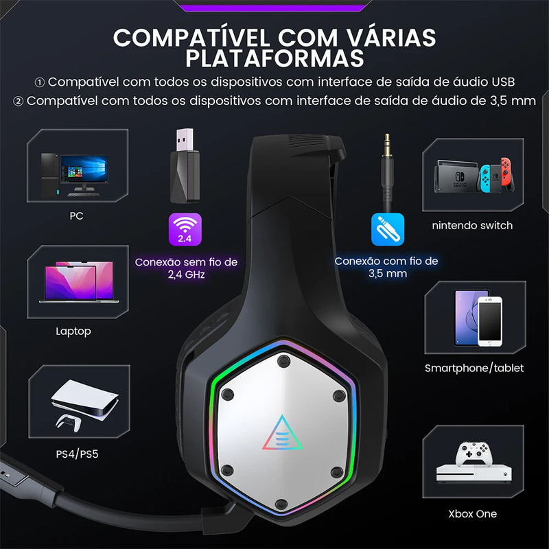 EKSA 2.4GHz Headphone sem fio E1000 WT 7.1 Surround Gaming Headset Gamer com microfone ENC de baixa latência para PC/PS4/PS5/Xbox