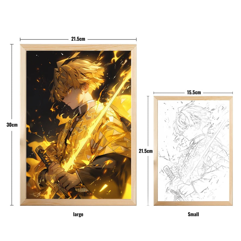 Quadro/ Poster - Com luz LED anime Demon Slayer, moldura de madeira recarregável para fotos com tomada USB, para enfeites de decoração de sala de jogos