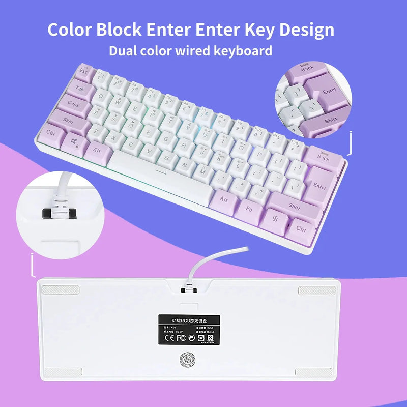 Teclado Mecânico - SAMA YG91-3 Teclado para jogos curto com fio - sensação mecânica 61 teclas com RGB roxo preto para computador / laptop / desktop