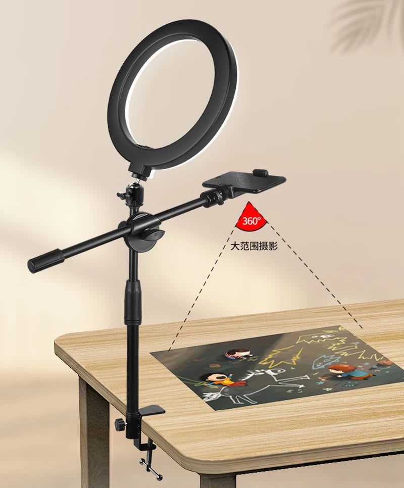 Tripé para Mesa - Overhead Tripod Tripé suspenso para celular, smartphone, mesa, gravação de vídeo, suporte com anel de luz para fotografia de mesa