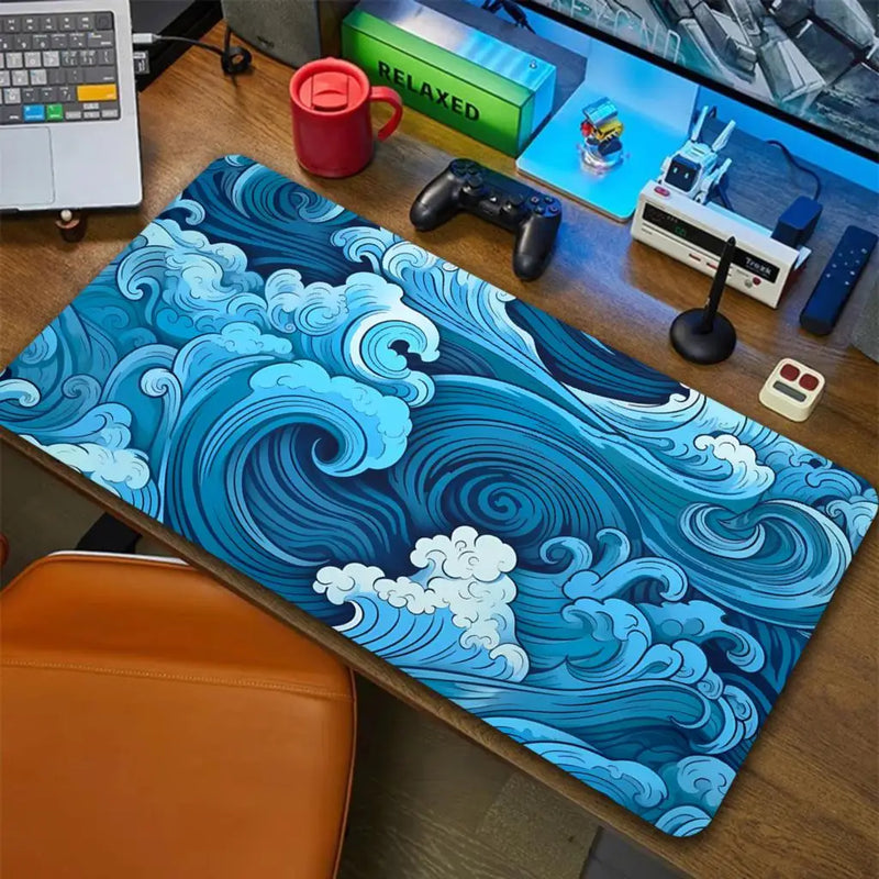 Mouse pad - Grandes Ondas Japonesas Gaming Mouse Pad, Estética Desk Mat Art, Azul Mousepad, Tapete De Borracha Natureza, XXL, de até 900x400, 3mm de Espessura