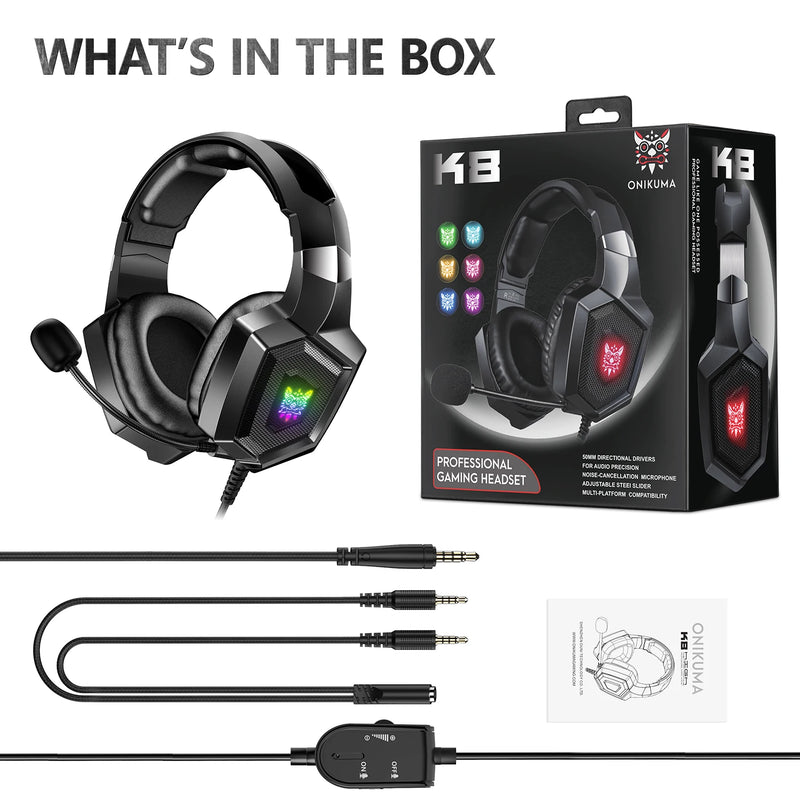 ONIKUMA K8 Fones de ouvido para jogos com microfone HD flexível RGB Light Surround Sound Over-Ear Wired Headset Gamer para PC Gaming Xbox