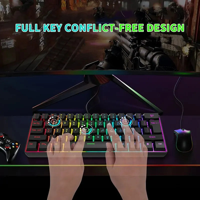 61 teclas combinadas com luz RGB, alto nível de aparência, sensação mecânica, linha TPC, teclado gamer com fio Keyboard Gamer