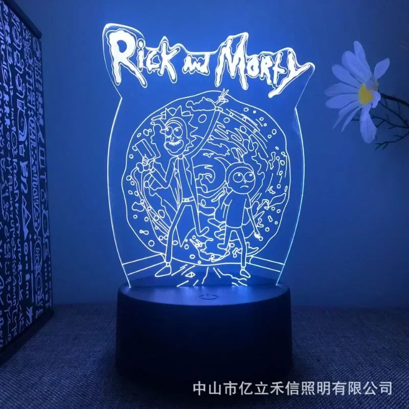 Decoração de LEDs - Rick e Morti 3D Illusion Lamp Game Setup Patterns LED Night Light Gamer Decoração Candeeiro de mesa Decoração de sala de jogos