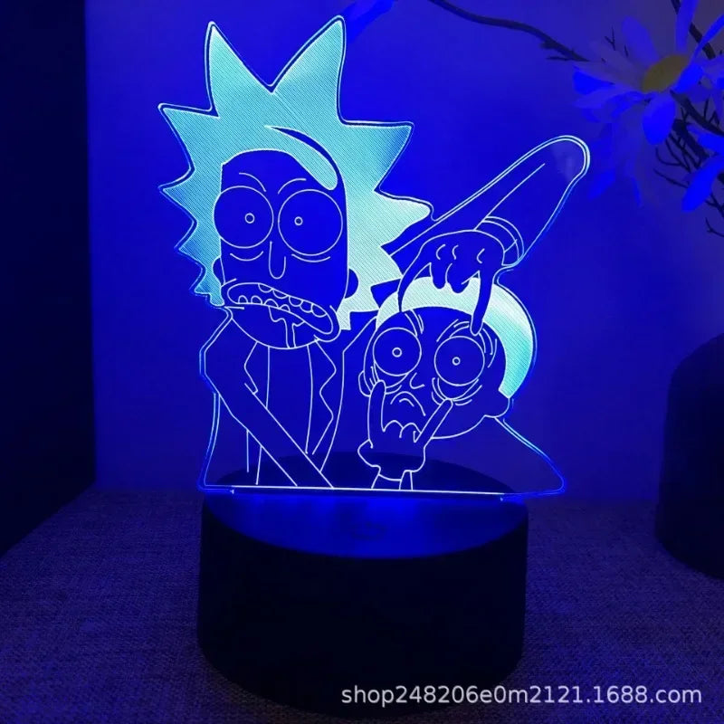 Decoração de LEDs - Rick e Morti 3D Illusion Lamp Game Setup Patterns LED Night Light Gamer Decoração Candeeiro de mesa Decoração de sala de jogos