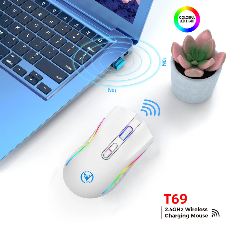 HXSJ T69 2.4G Wireless Mecânico Mouse RGB Gaming Mouse Ergonômico 7 Programáveis Botões Mouse 4800DPI para Computadores/ PC/ jogos