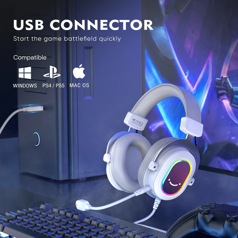 Headset - FIFINE RGB Gaming Headset para jogos FIFINE RGB com som surround 7.1/3-EQ/MIC, fone de ouvido com controle em linha para PC PS4 PS5 Ampligame-H6W