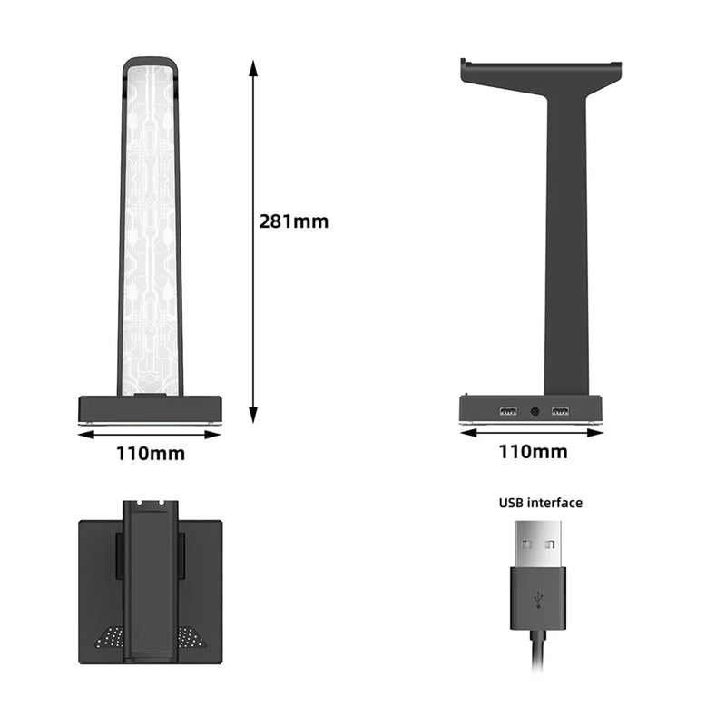 Suporte para fone de ouvido para jogos RGB, 10 efeitos de iluminação, rack, porta USB, porta de áudio de 3,5 mm, suporte para fone de ouvido de mesa