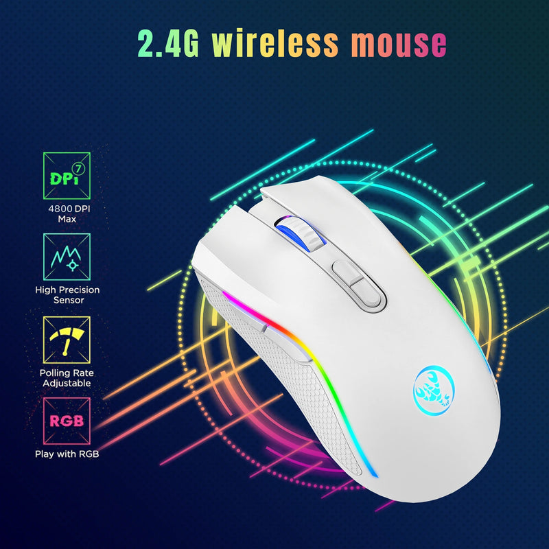 HXSJ T69 2.4G Wireless Mecânico Mouse RGB Gaming Mouse Ergonômico 7 Programáveis Botões Mouse 4800DPI para Computadores/ PC/ jogos