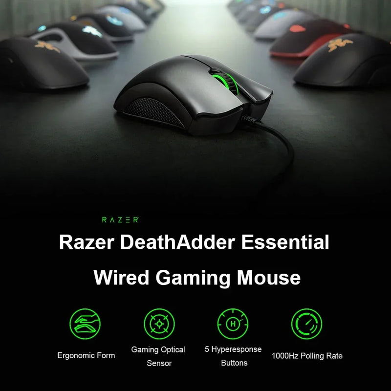 Mouse - Original Razer DeathAdder Essential Wired Gaming Mouse original deathadder essencial com fio mouse para jogos mouse 6400dpi sensor óptico 5 botões independentes para laptop pc gamer