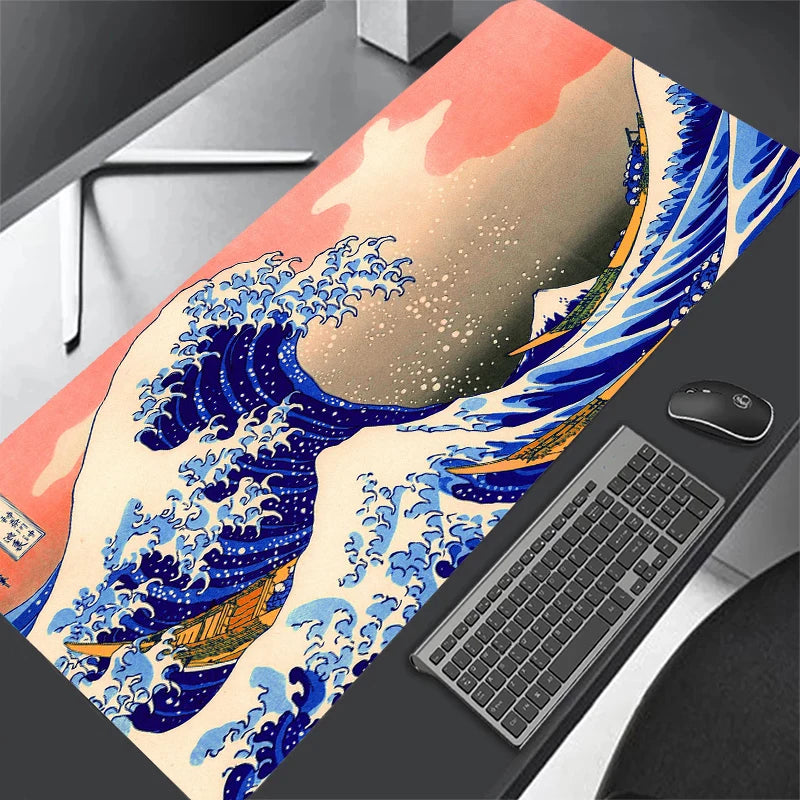 Mouse Pad - Arte mouse pad japão a grande onda de kanagawa grande gaming mousepad gamer teclado mouse tapetes de escritório computador portátil mesa