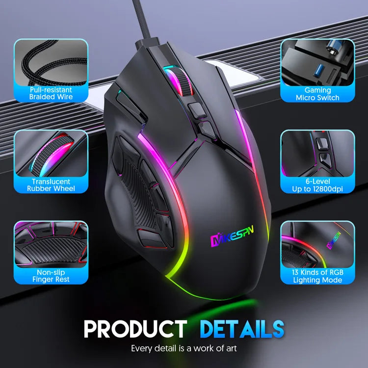 Mouse - Macro RGB Gaming Mouse Mouse gamer macro rgb com peso livre, 12800dpi, 12 teclas programáveis, mouse rgb light max a 6 níveis para pc mac gun pubg laptop