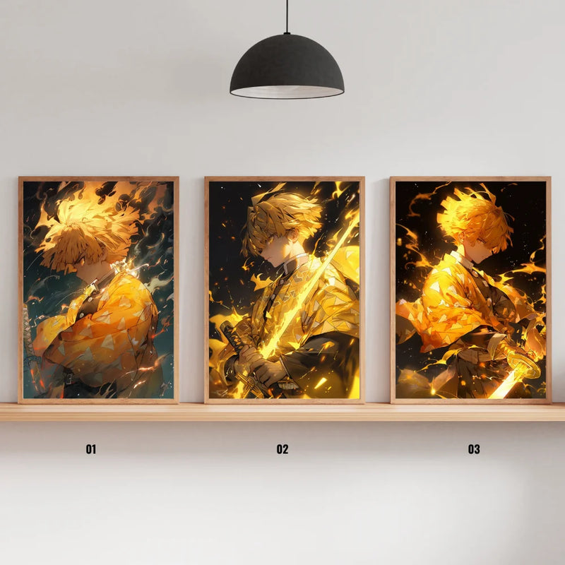 Quadro/ Poster - Com luz LED anime Demon Slayer, moldura de madeira recarregável para fotos com tomada USB, para enfeites de decoração de sala de jogos