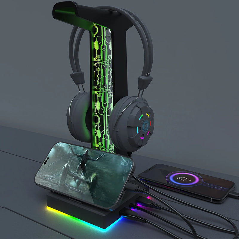 Suporte para fone de ouvido para jogos RGB, 10 efeitos de iluminação, rack, porta USB, porta de áudio de 3,5 mm, suporte para fone de ouvido de mesa